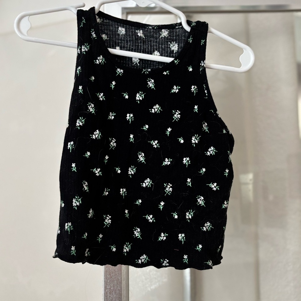 Girls Black Ribbed Crop Tank Top with White Floral Pattern